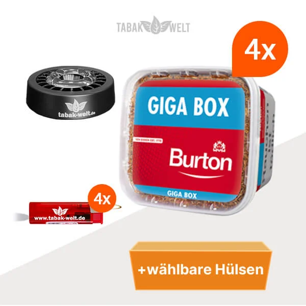 Burton Volumentabak Red 4 x Giga Box mit wählbaren Hülsen und Roulette Aschenbecher