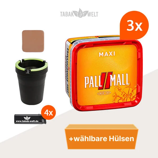 Pall Mall Tabak 3 x Maxi-Box mit wählbaren Hülsen und Auto-Aschenbecher