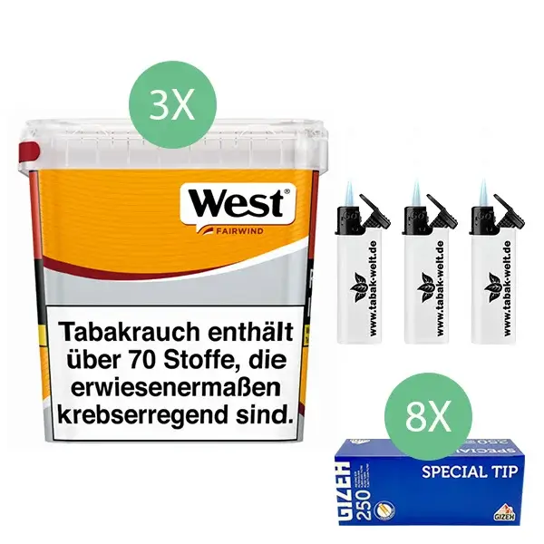 West Volumentabak Yellow 3 x Giga Box mit 2000 King Size Hülsen