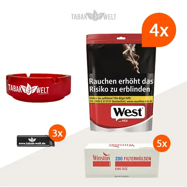 west-red-volumentabak-4x-beutel-mit-1000-huelsen-und-aschenbecher