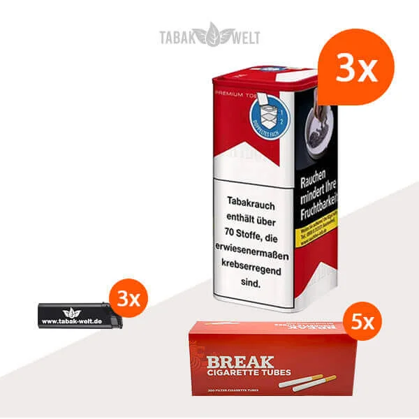 Marlboro Red Feinschnitt Tabak 3x Dose mit 1000 Hülsen und Feuerzeugen