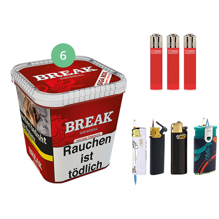 Break Original Tabak 6 x Giga Box mit Clipper Feuerzeugen