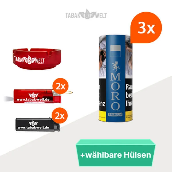 Moro Premium Volumentabak Blau 3x Vorratsdose mit wählbaren Hülsen und Aschenbecher