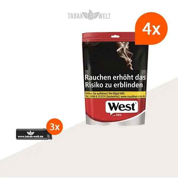 west-red-volumentabak-4x-beutel-mit-feuerzeugen