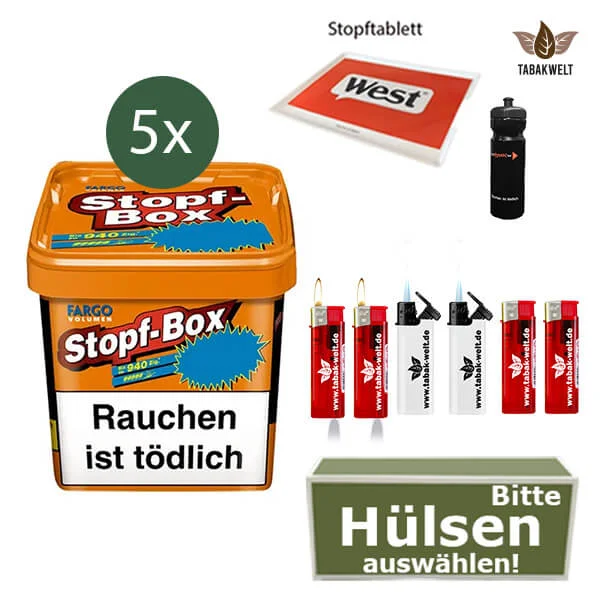 Fargo Volumentabak 5 x Stopf-Box XXL mit wählbaren Hülsen und Stopftablett