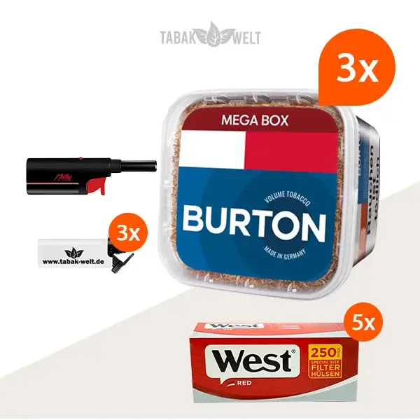 Burton Blue Volumentabak 3x Mega Box mit 1000 Special Size Hülsen und Stabfeuerzeug 