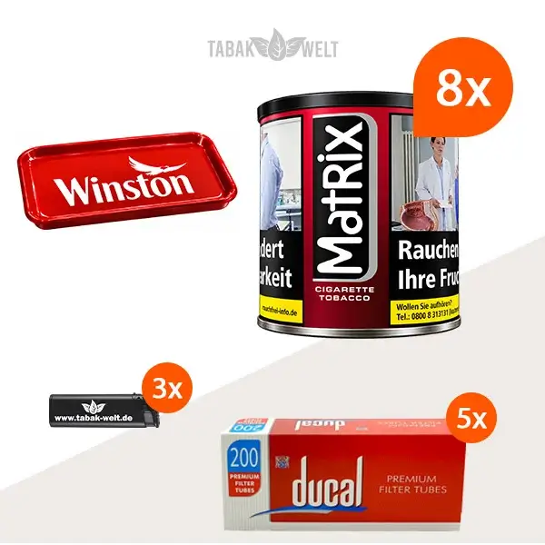 Matrix Red Feinschnitt Tabak, 8 Dosen mit 1000 King Size Filterhülsen