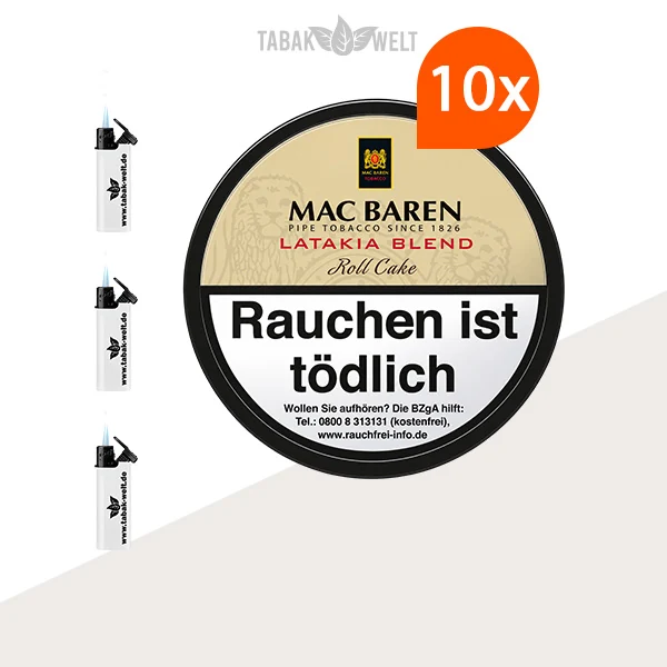 Mac Baren Latakia Pfeifentabak 10er-Dosen-Set mit Feuerzeugen
