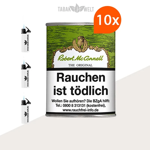 Robert McConnell Original Black & Gold Pfeifentabak 10x Box mit Sturmfeuerzeugen
