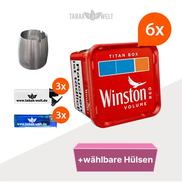 Winston Volumentabak 6 x Titan Box mit wählbaren Filterhülsen und Metallaschenbecher