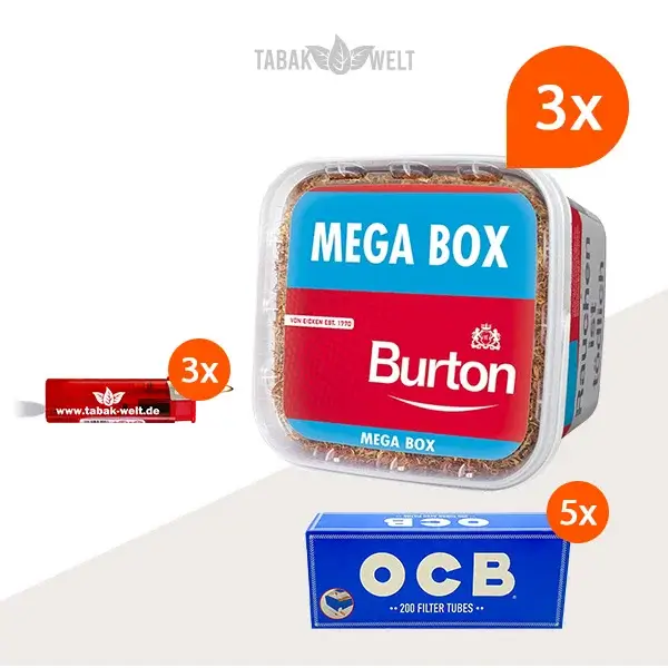 burton-red-volumentabak-3x-mega-box-mit-1000-king-size-huelsen-led-feuerzeugen