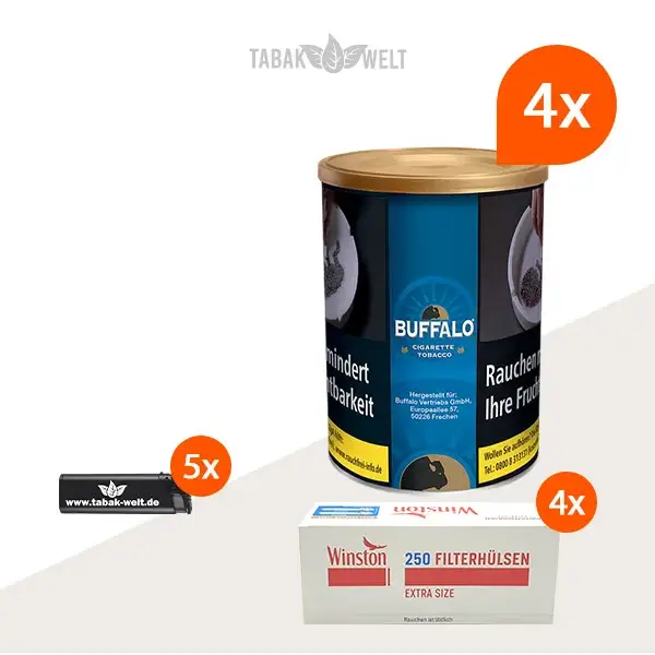 buffalo-blau-feinschnitttabak-4x-dose-mit-1000-extra-size-huelsen-und-feuerzeugen buffalo-blau-feinschnitttabak-4x-dose-mit-1000-extra-size-huelsen-und-feuerzeugen