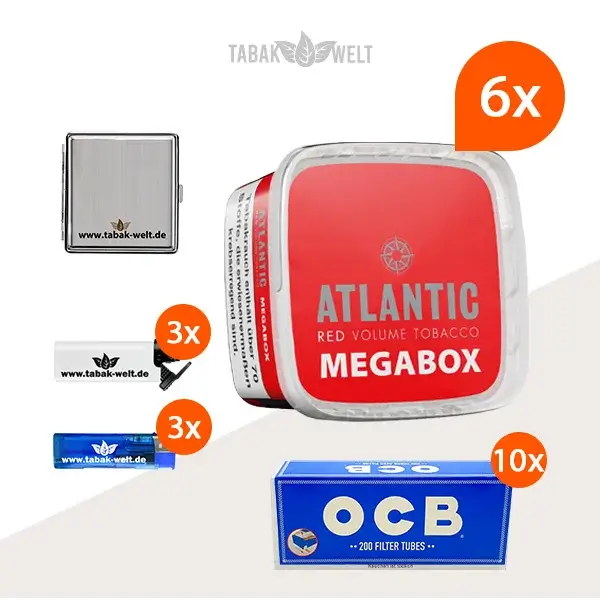 Atlantic Red Premium Volumentabak 6x Mega Box mit 2000 Hülsen und Etui