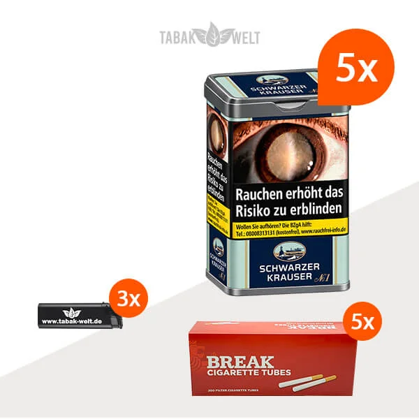 Schwarzer Krauser No. 1 Feinschnitt-Tabak, 5 Dosen mit insgesamt 1.000 Zigarettenhülsen.