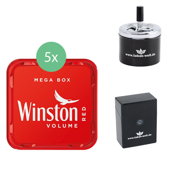 Winston Tabak 5 x Mega Box mit Tabak Welt Aschenbecher