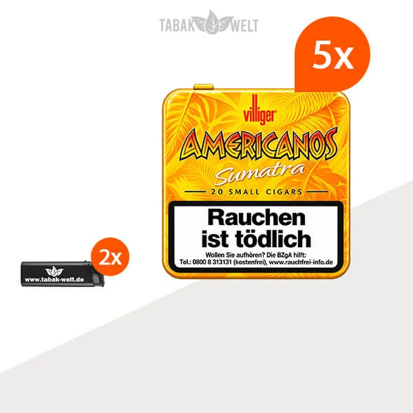 5er-Pack Villiger Americanos Sumatra Zigarillos mit Feuerzeugen