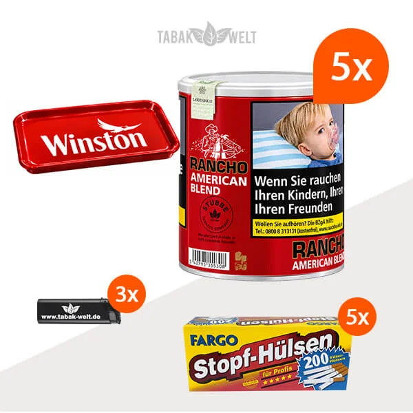 Rancho American Blend 5er-Pack mit fünf Dosen, 1.000 King Size Hülsen und Stopftablett
