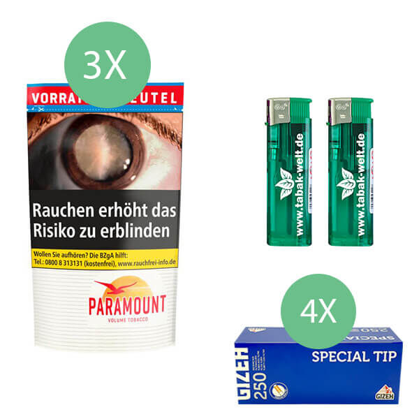 3 x Paramount Tabak Beutel mit 1000 Gizeh Special Tip 250 Hülsen