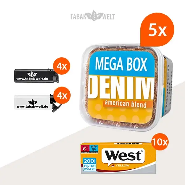 denim-volumentabak-5-x-mega-box-mit-2000-huelsen-und-sturmfeuerzeugen