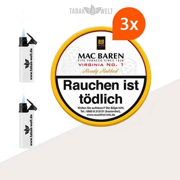 Mac Baren Virginia No. 1 Pfeifentabak – 3 Dosen mit Feuerzeugen