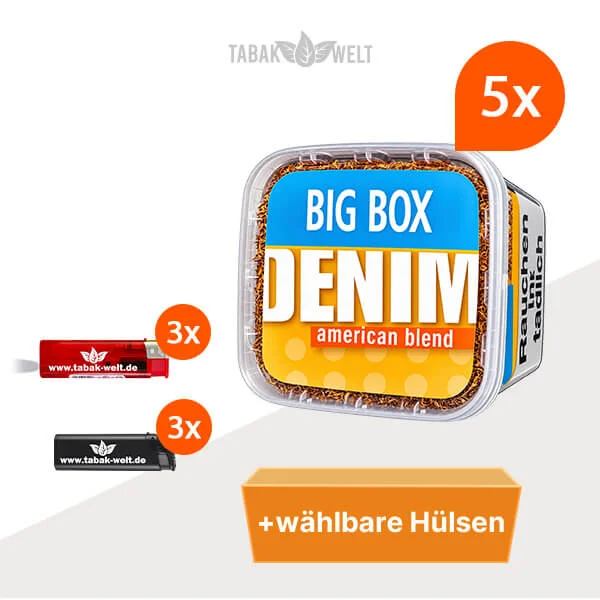 Denim Tabak, 5 Big Boxen mit wählbaren Hülsen und LED-Feuerzeugen