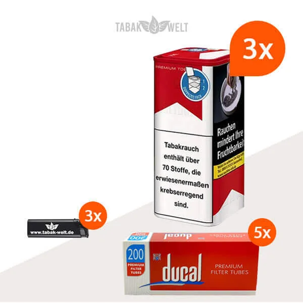 Marlboro Red Feinschnitt Tabak 3x Dose mit 1000 Premium Hülsen und Feuerzeugen