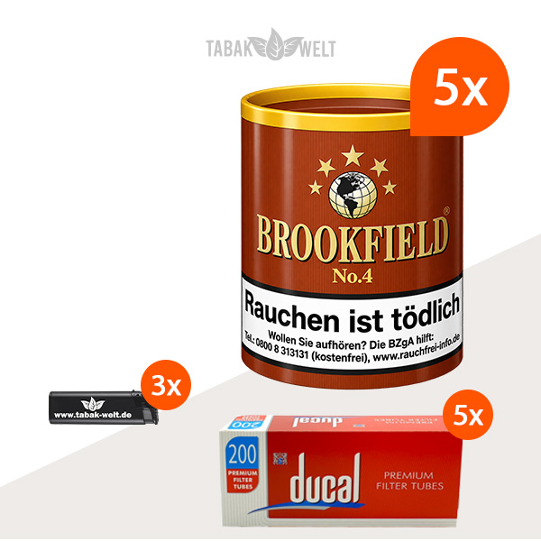 Brookfield No. 4 Tabak 5er-Set mit 1.000 Zigarettenhülsen und Feuerzeugen