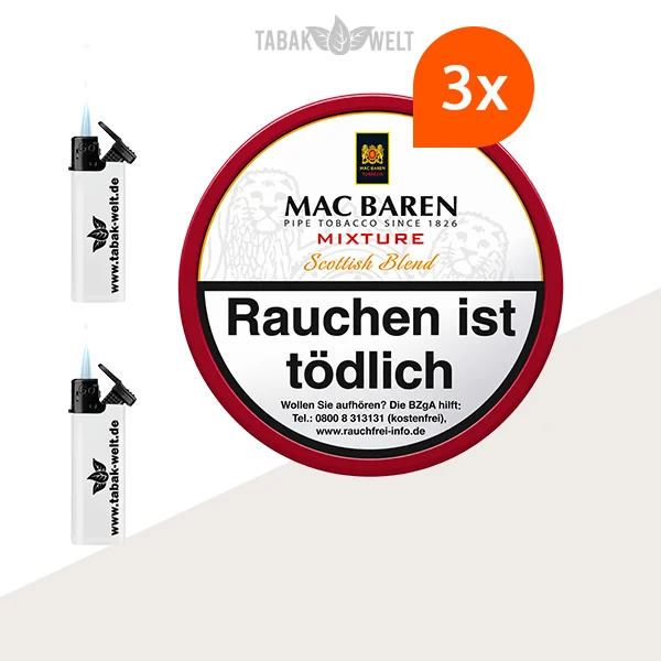 Mac Baren Mixture Pfeifentabak – 3x Dose L mit Feuerzeugen
