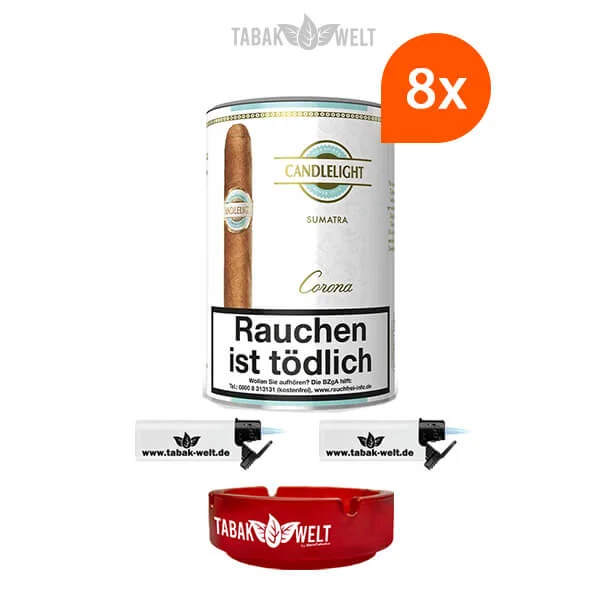8x-candlelight-corona-sumatra-zigarren-dose-mit-sturm-feuerzeuge-und-glas-aschenbecher