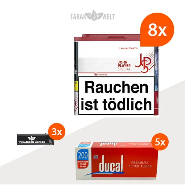JPS Red Volumentabak 8x Dose mit 1000 Filterhülsen und Feuerzeugen
