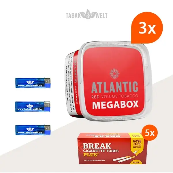  Atlantic Red Premium Volumentabak 3x Mega Box mit 1000 Plus Hülsen und Feuerzeugen