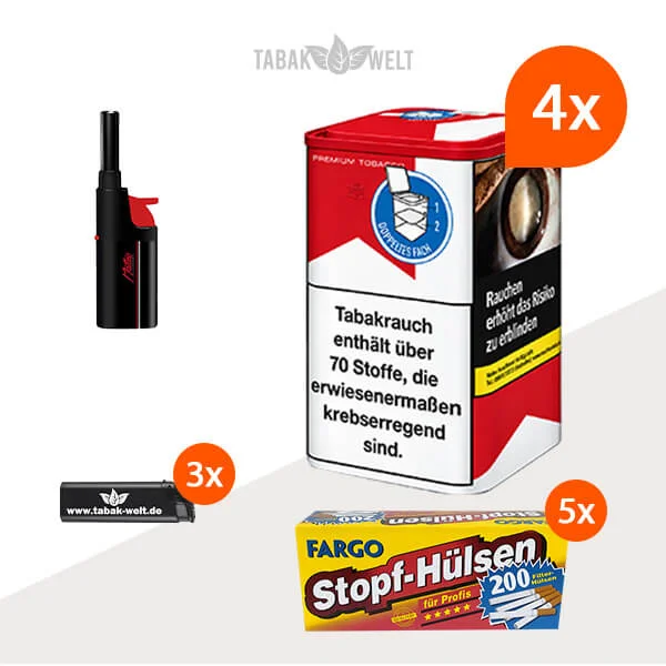 Marlboro Red Feinschnitt-Tabak 4x Dose mit 1000 King Size Hülsen und Stabfeuerzeug