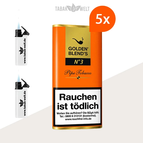 Golden Blend’s No. 3 Pfeifentabak – 5 Pouch-Beutel mit Feuerzeugen