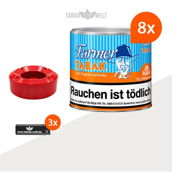 Farmer Orange Pfeifentabak Virginia und Burley, 8 Dosen mit Feuerzeugen und Aschenbecher