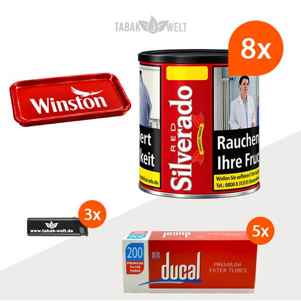 Silverado Red Cigarette Tobacco Wide Cut im 8er-Pack mit acht Dosen und 1.000 King Size Filterhülsen