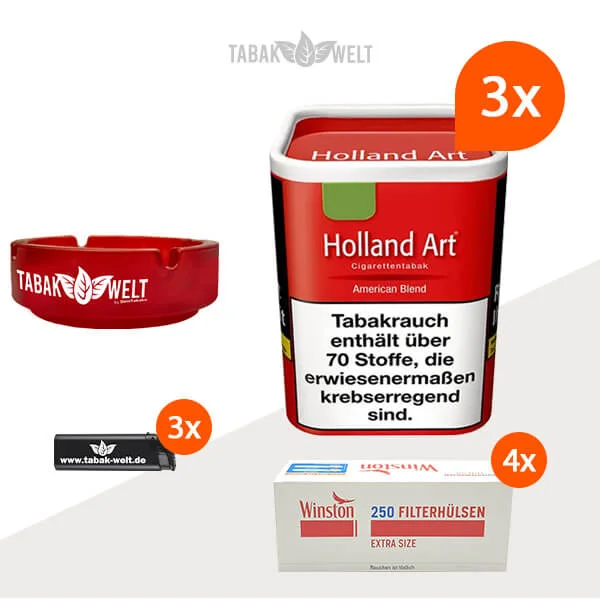 Holland Art American Blend Rot Feinschnitt Tabak 3x Dose mit 1000 Extra Size Hülsen
