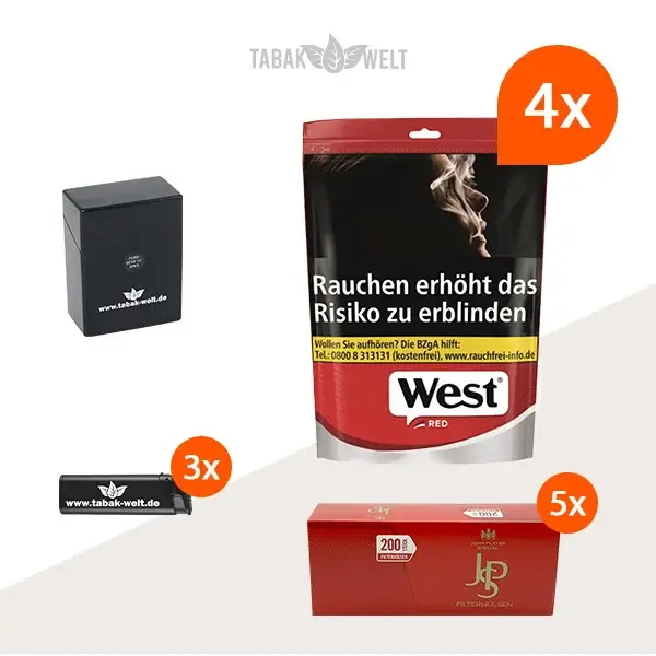 west-red-volumentabak-4x-beutel-mit-1000-filterhuelsen-und-feuerzeugen