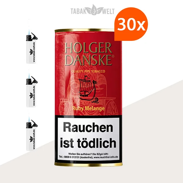 Holger Danske Ruby Melange Pfeifentabak im 30er-Pouch-Pack mit Feuerzeugen