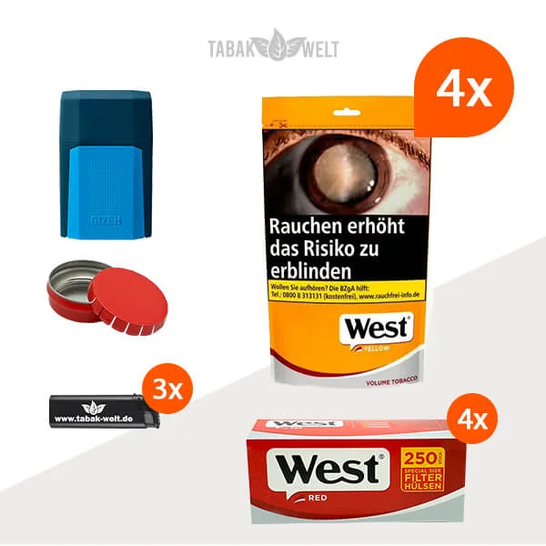 west-yellow-volumentabak-4x-beutel-mit-1000-extra-size-filterhuelsen-und-etui