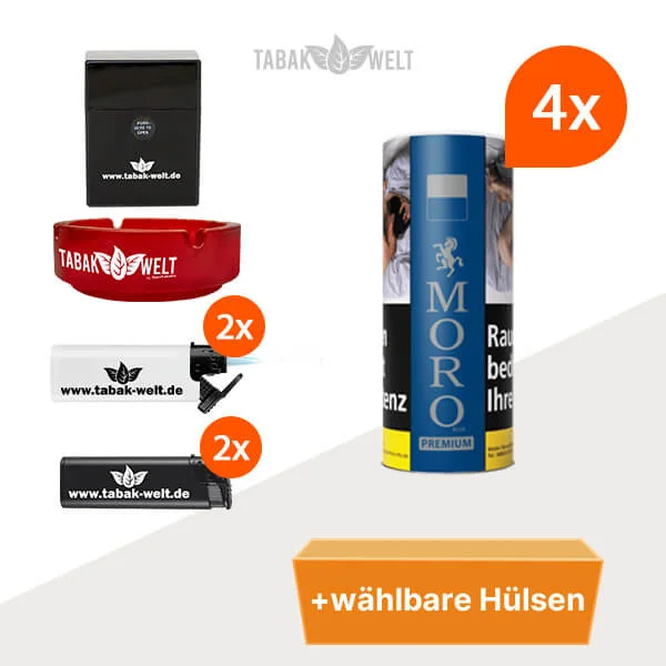 Moro Premium Volumentabak Blau 4x Vorratsdose mit wählbaren Hülsen und Glas Aschenbecher