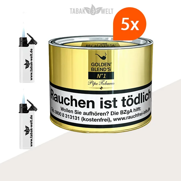Golden Blend’s No. 1 Pfeifentabak L – 5 Dosen mit Feuerzeugen