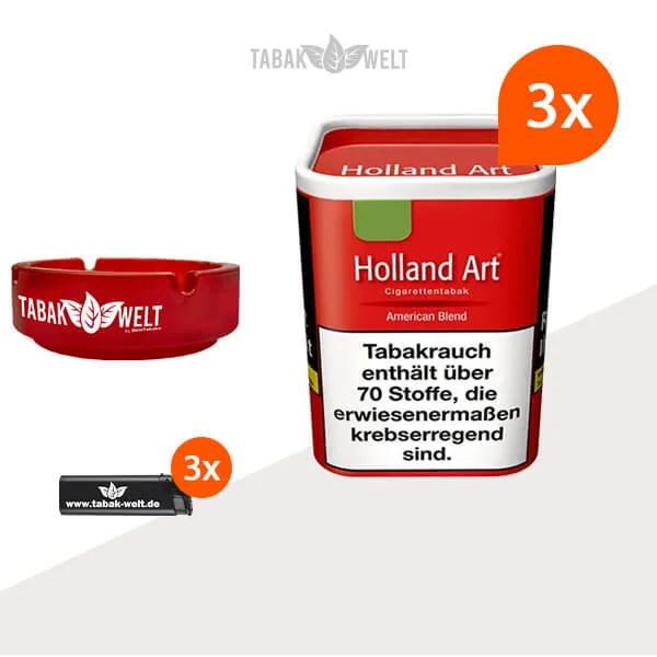 Holland Art American Blend Rot Feinschnitt Tabak 3x Dose mit Aschenbecher