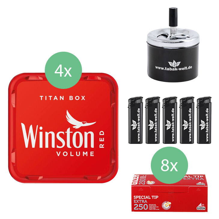 Winston Tabak 4 x Titan Box mit 2000 Special Tip Extra Size Hülsen 