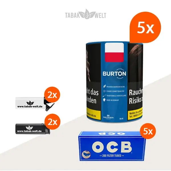 Burton Blue Feinschnitt-Tabak 5x Dose mit 1000 King Size Filterhülsen und Feuerzeugen 