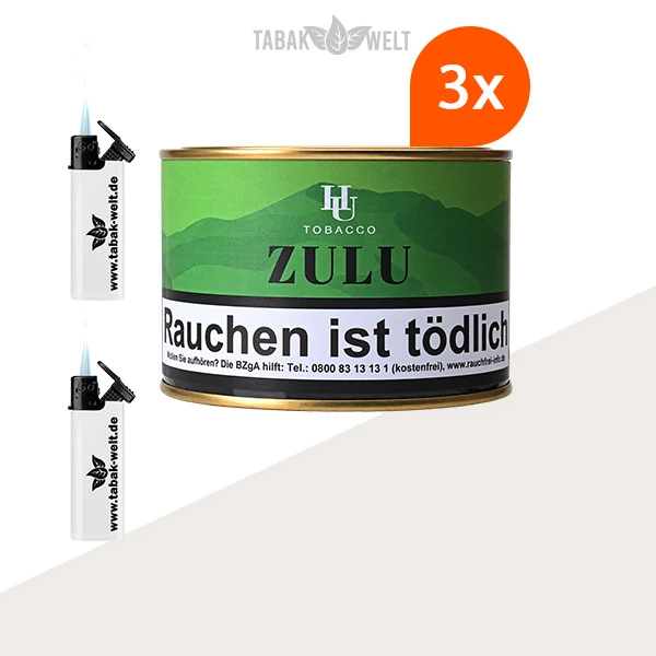 HU Tobacco Zulu Pfeifentabak 3 Dosen mit Feuerzeugen