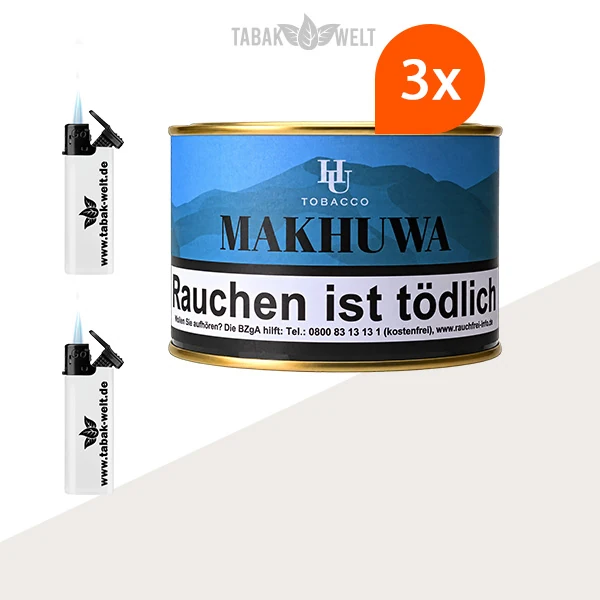 HU Tobacco Makhuwa Pfeifentabak – 3 Dosen mit Feuerzeugen im Set