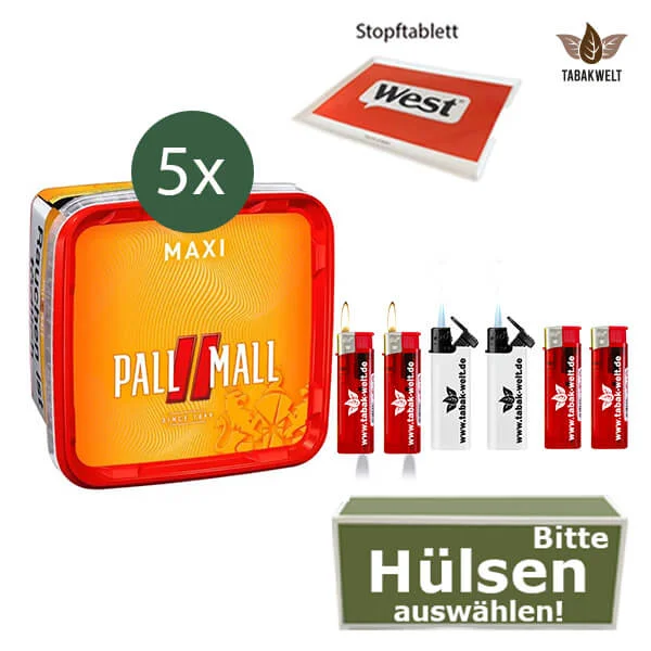 Pall Mall Volumentabak 5 x Maxi Box mit wählbaren Hülsen und Sportflasche