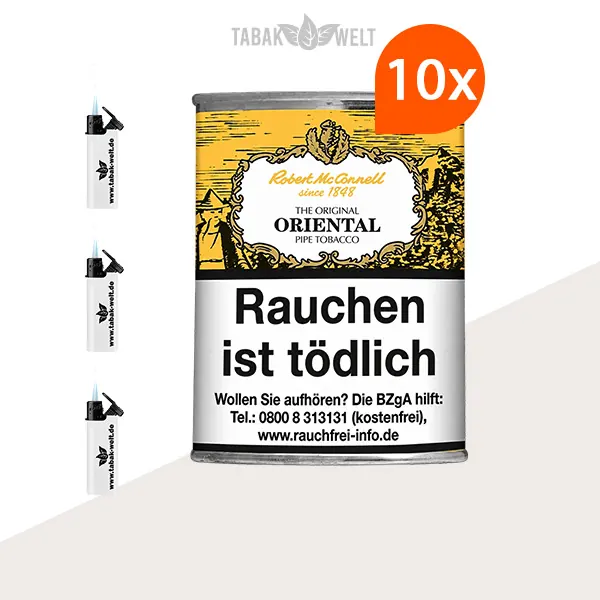 Robert McConnell Original Oriental Pfeifentabak 10x Box mit Sturmfeuerzeugen