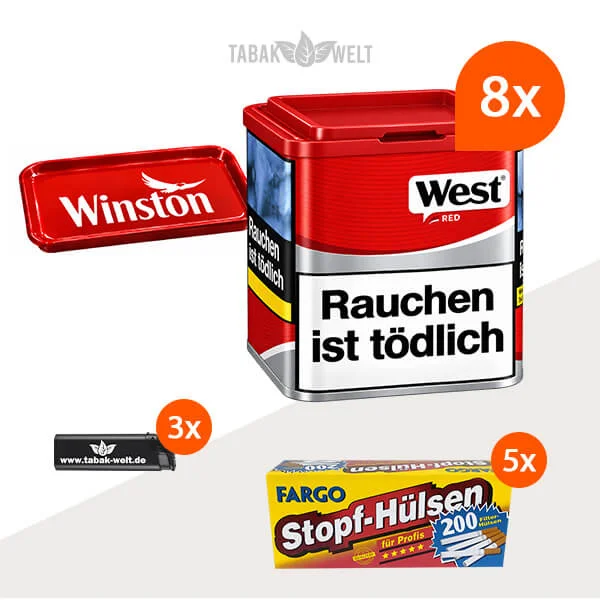 West Red Volumentabak 8 x Dose mit 1000 Stopfhülsen