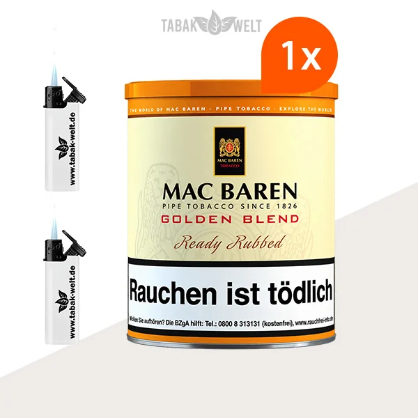 Mac Baren Golden Blend Pfeifentabak in einer großen Dose inklusive Feuerzeugen.